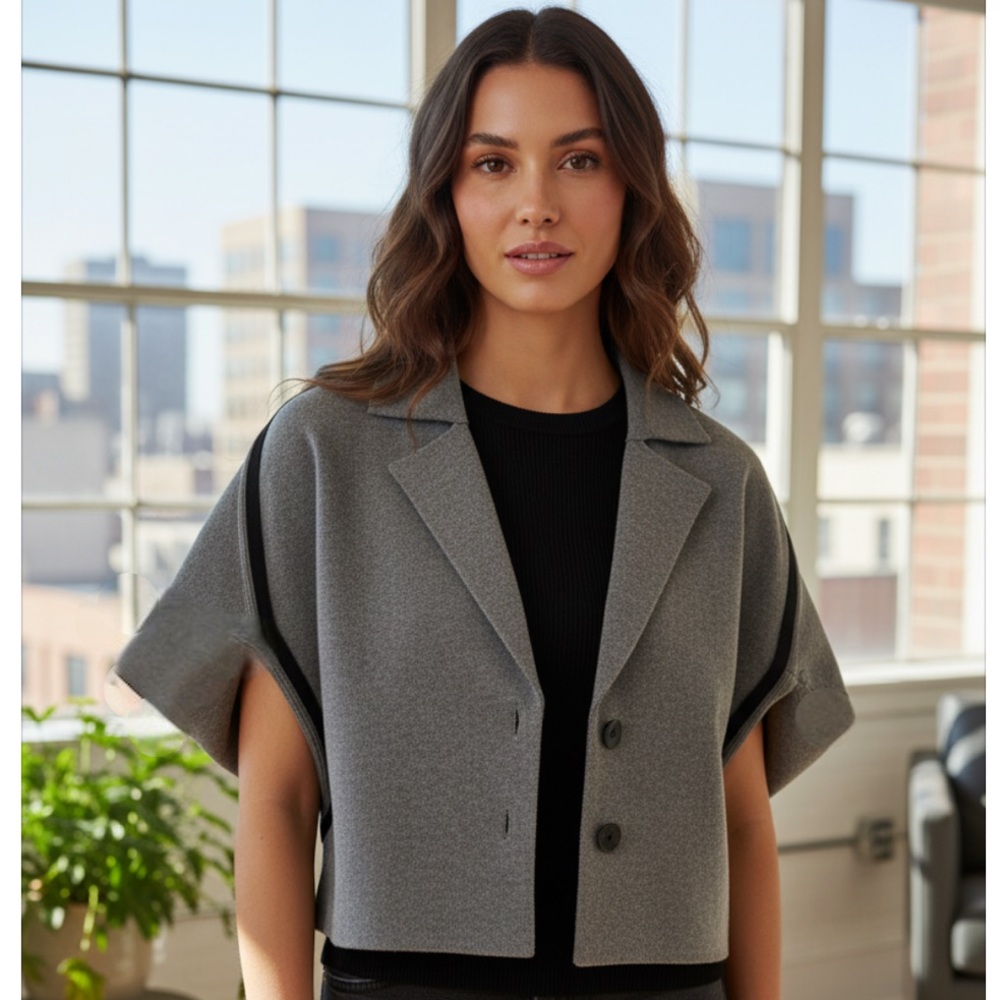 Anthropologie Gray Short-Sleeve Boxy Cardigan with Black Trim